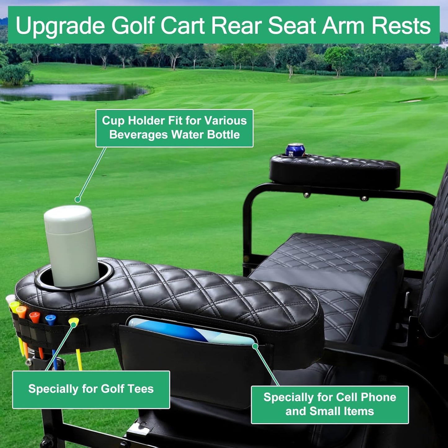 MOSNAI Golf Cart Armrest with Cup Holder for Club Car EZGO Yamaha Rear Seat 1-Inch Square Tube, Upgrade Golf Cart Armrest with Phone Storage Pouch, Upgrade Support Frame, Better Load Bearing