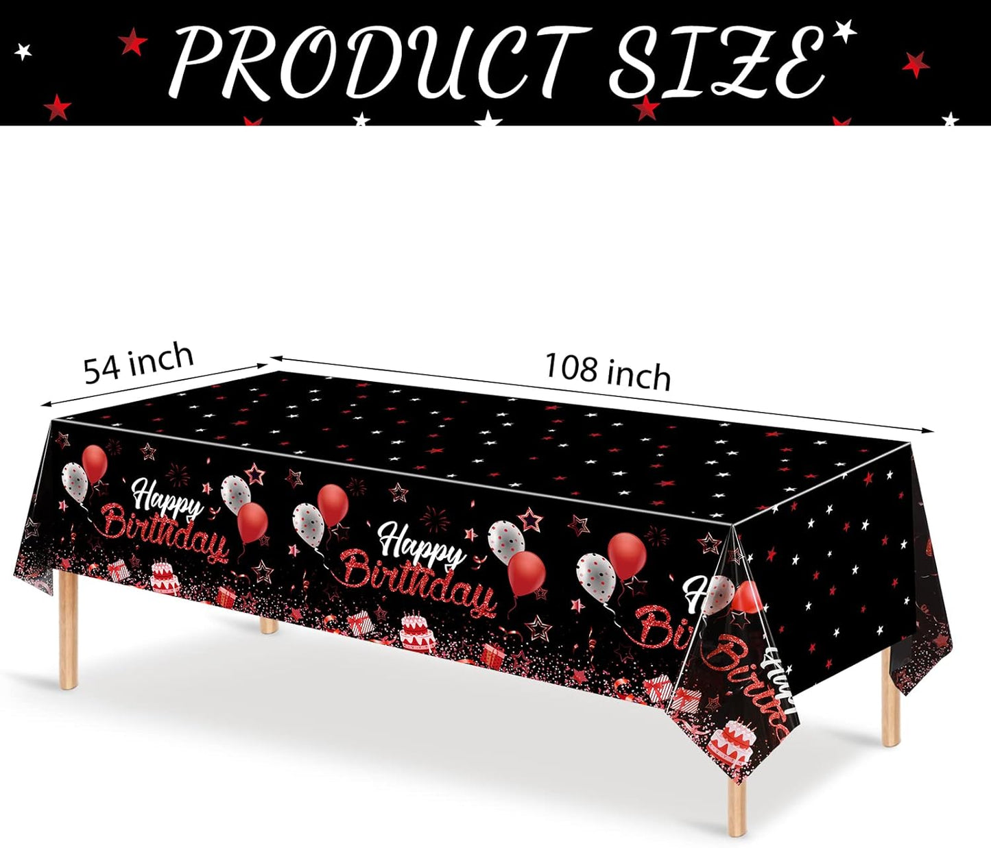 Breling 3 Pack Birthday Party Supplies Confetti Sprinkles Happy Birthday Tablecloths Starry Table Covers for Kids Adults Party Decorations, 54 x 108 Inches (Red and Black)
