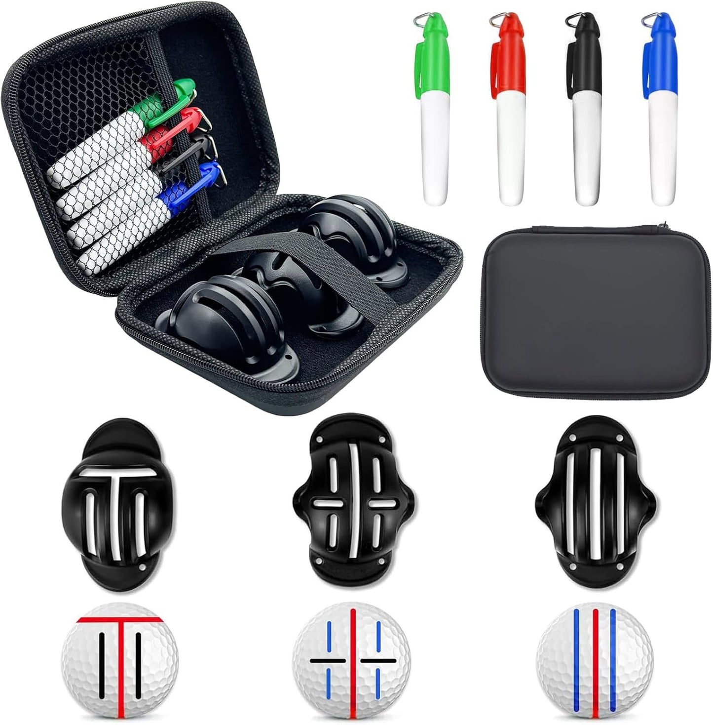 Golf Ball Marker Set with Carry Case, 3 Golf Ball Marking Stencils and 4 Color Golf Ball Markers, Golf Ball Marker Liner Marker, Golf Ball Alignment Marking Tool