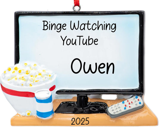 Personalized Television Christmas Ornament 2025 | Big TV Screen with Popcorn & Beer for Xmas Tree - Binge Watcher TV Junkie Movie Night Lover Gift | Unique Keepsake - Custom Name & Year