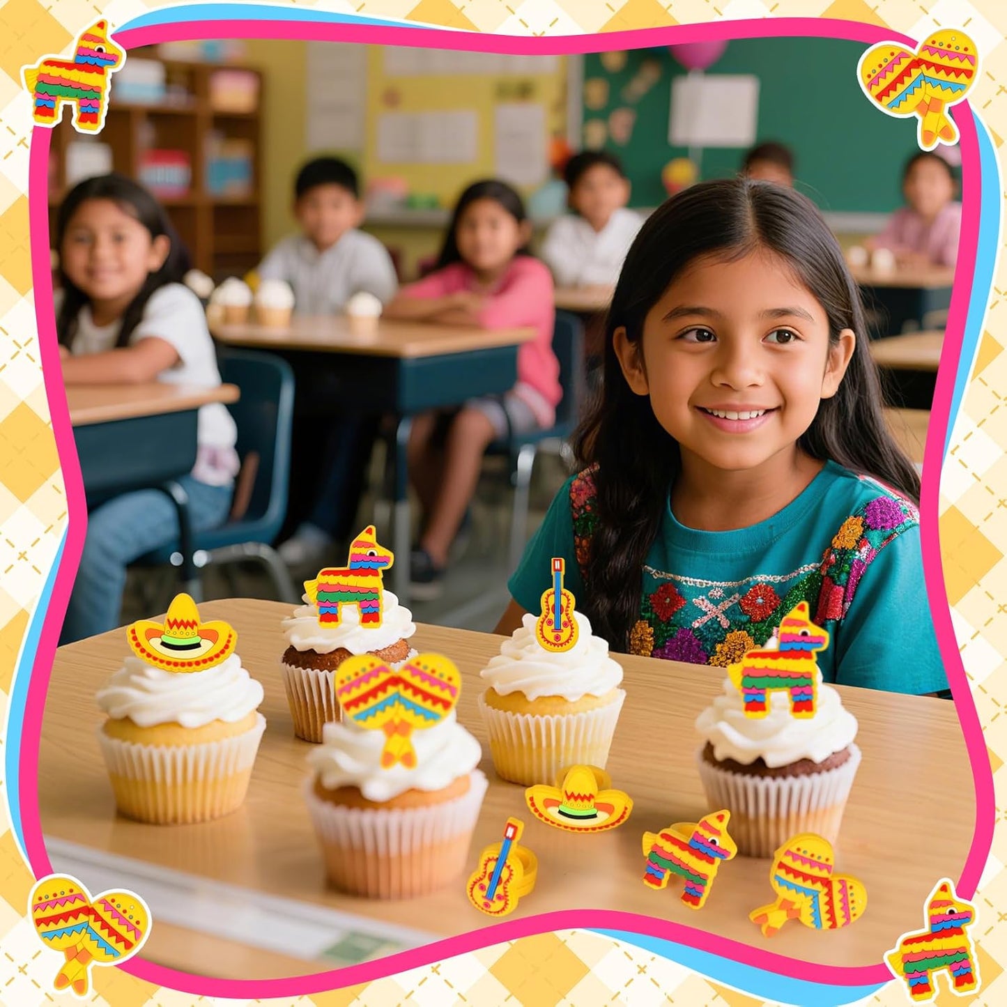 24pcs Fiesta Cupcake Ring Toppers Donkey Sombrero Guitar Cupcake Topper Mexican Theme Party Cake Decorations for Baby Shower Birthday Fiesta Party Supplies
