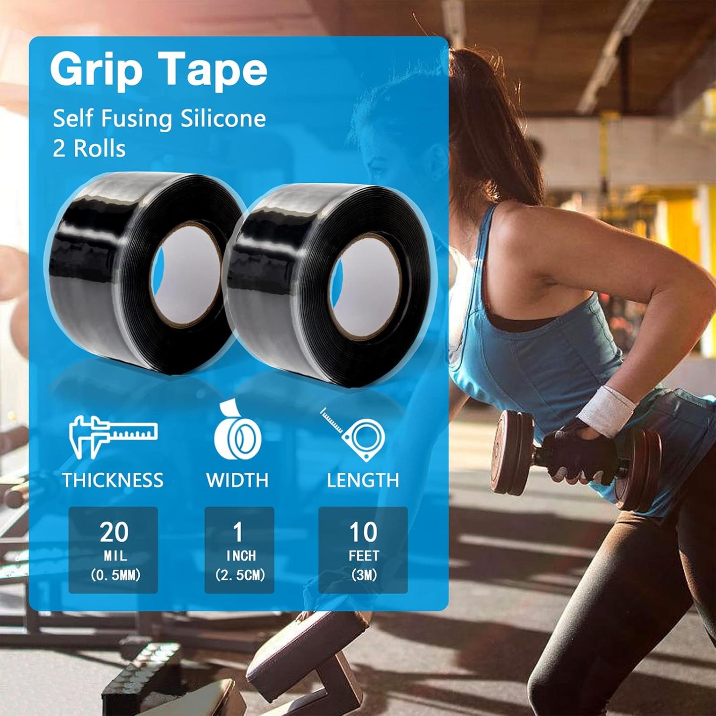 2 Rolls 1IN X 10FT Grip Tape,Silicone Tape for Handles,Self Fusing Silicone Grip Wrap for Fishing Pole,Racket,Pull Up Bar,No Adhesive,Black