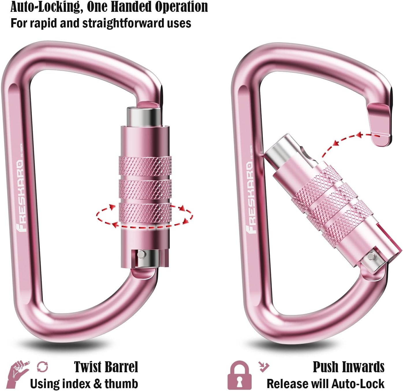 FresKaro 3inch 12kN-2698lbs Auto Locking Carabiner Clips, Solid D Shape, Heavy Duty 7075 Aluminum, Lightweight 1.09oz, Rust Proof, for Hammock, Hiking, Dog Leash, Keychain etc., Multi-Colors