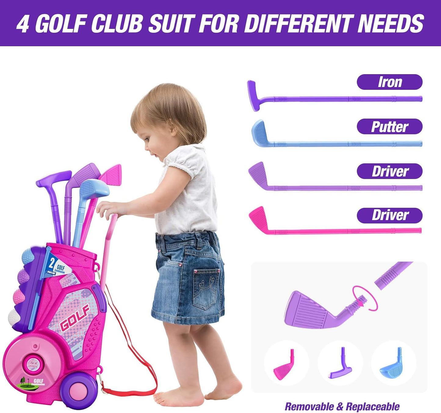 Toddler Golf Set 2-4 Years, Upgraded Kids Plastic Golf Clubs with 12 Balls, Putting Mat, Shoulder Strap, Indoor Outdoor Game Sport Toys Gift for Baby Boys Girls Aged 3-5, Pink