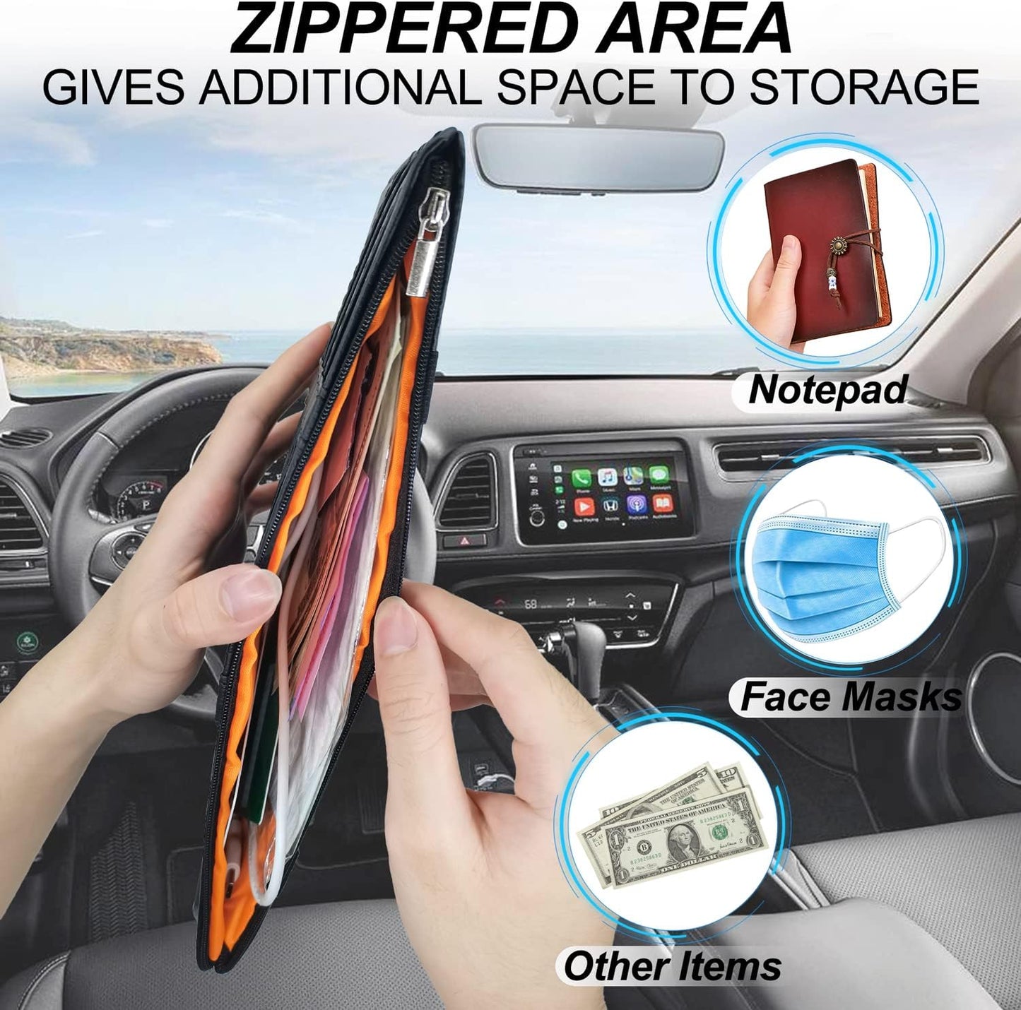 Keedolla 2Pcs Car Sun Visor Organizer, Auto Interior Accessories Pocket Organizer Car Visor Storage Pouch Holder with Zipper Pocket for Sedan, Truck, SUV - Black