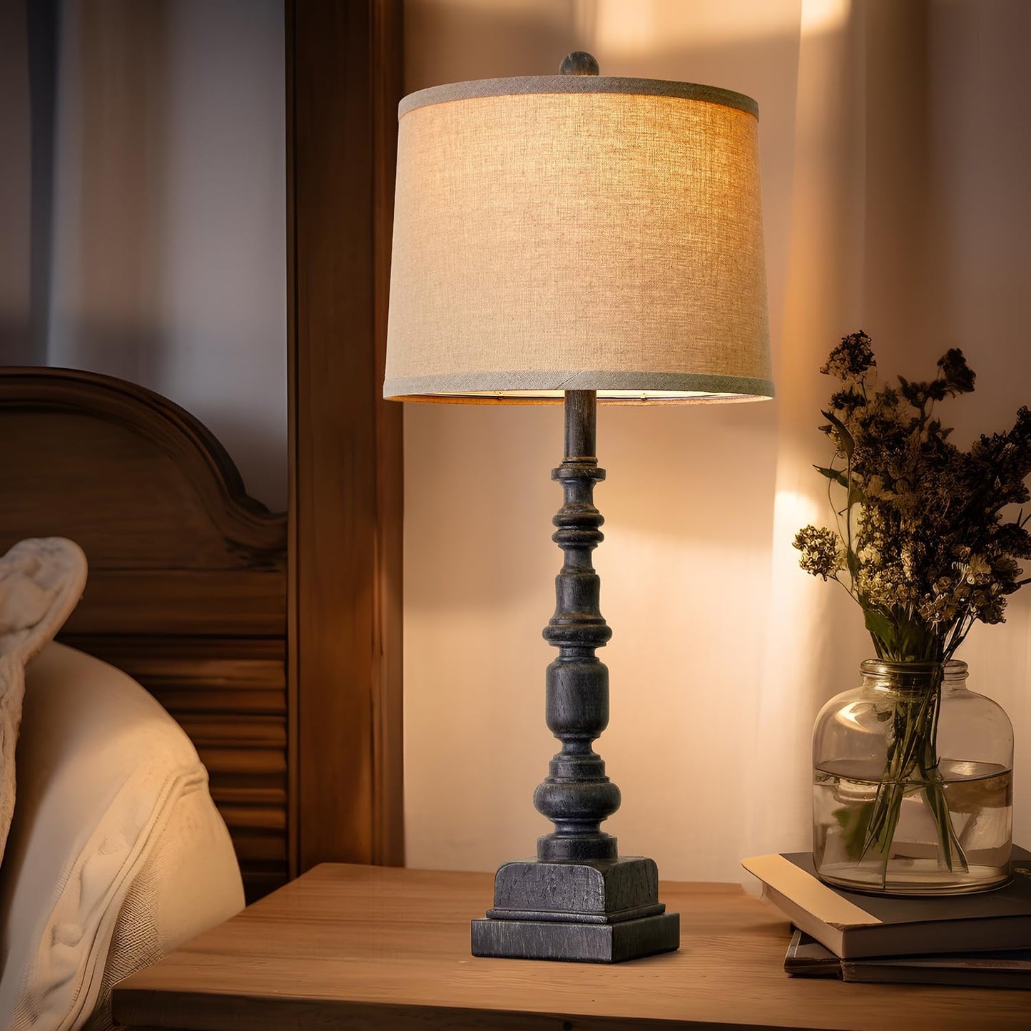 Oneach 27.75” Vintage Farmhouse USB A+C Table Lamps Set of 2 for Living Room Bedroom Traditional Bedside Nightstand Lamp Retro Resin Lamps Linen Shade Nightstand Home Office Antique Black Accent