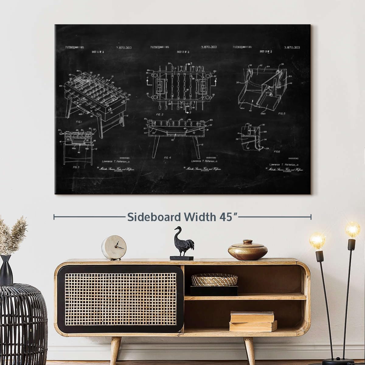 ElephantStock Soccer Table BW Patent Wall Art - Horizontal Wrapped Canvas - 1-Piece Living Room Wall Decor - Soccer Digital Art Canvas Print - Black and White Decor - 45" X 30"