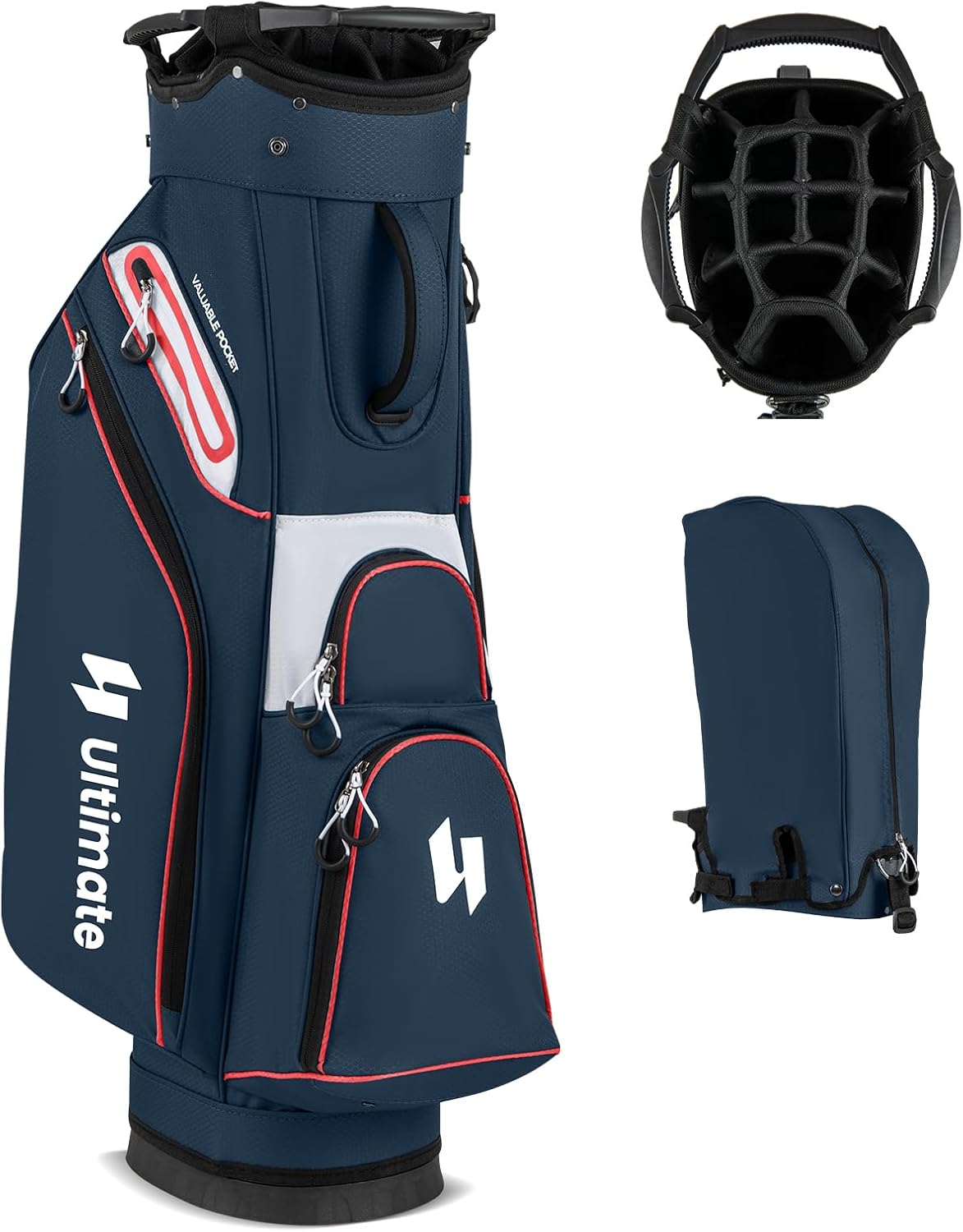 ULTIMATE Golf Cart Bag, Lightweight 14-Way Organizer Divider Top with 6 Pockets, Cooler Pocket, Rain Hood, Adjustable Shoulder Strap and Lift Handles, Portable Golf Club Bag for Men & Women