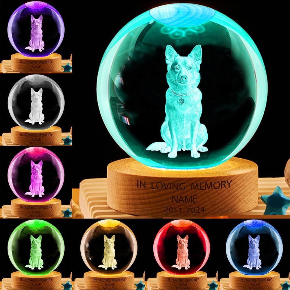 Personalized Cat Dog Pet photo Memorial Crystal Globe Night Light Gift for Women, Custom photo Picture Dog Pet 3D Memorial Crystal Ball Lamp for Bedroom Room Decor,Sympathy Gift of Remembrance