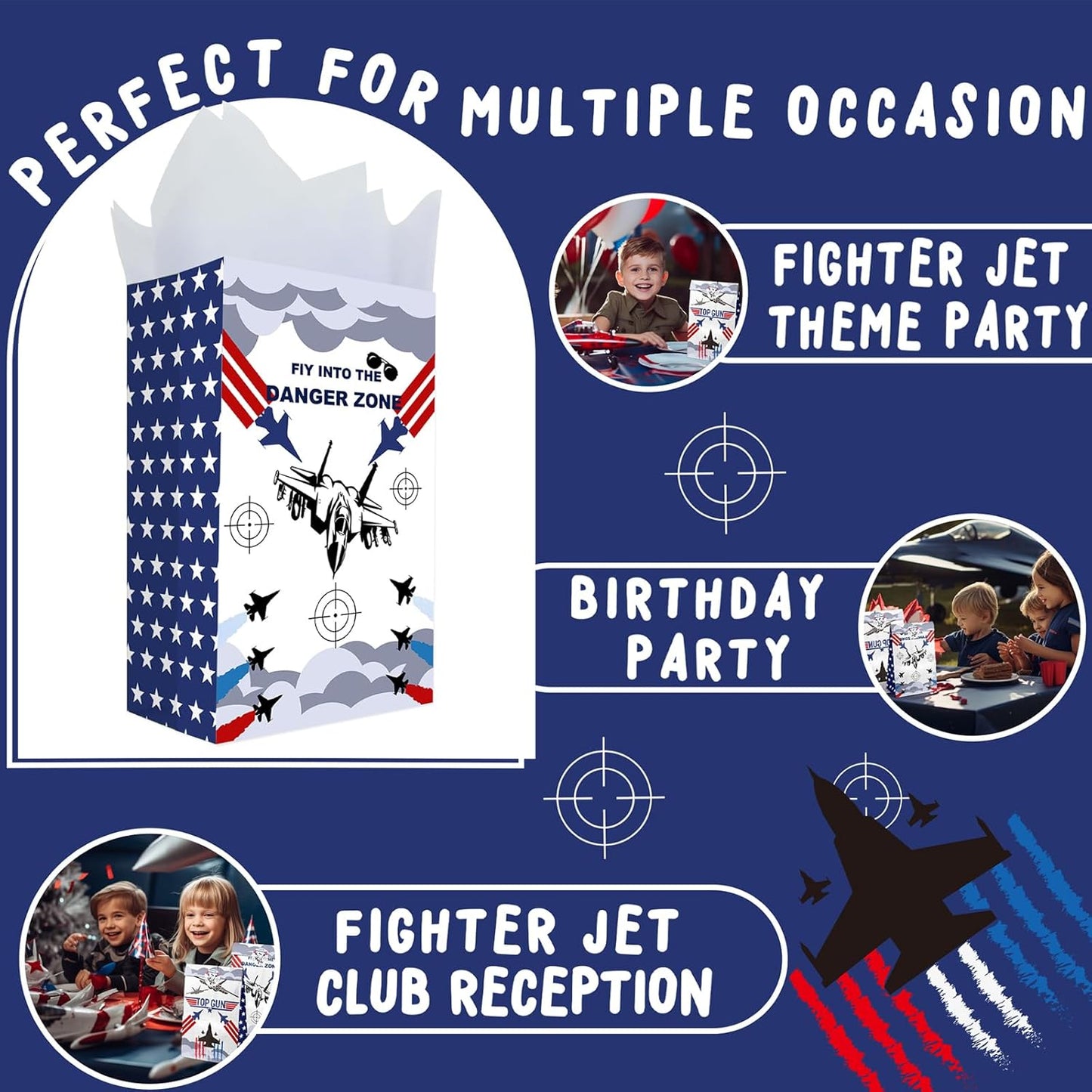 Fighter Jet Party Favor Bags – 24 Pcs Jet Fighter Style Gift Bags with 2 Designs, Paper Goodie Bags for Aviation Theme Birthday Decorations and Military Party Supplies