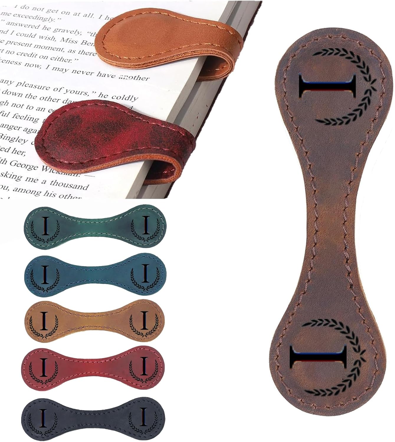 Personalized Magnetic Leather Bookmark, 26 Letters Custom Leather Bookmarks, Handmade, Leather Magnetic Bookmark for Book Lovers Readers Women Kid(Brown，I）