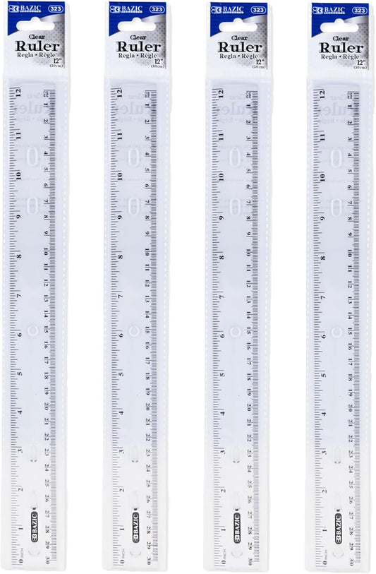 BAZIC Products Plastic Clear Rulers 12 inch (30cm), Inches Centimeter Metric Ruler Measuring Long Ruler, Straight Edge Ruler for Students School Supplies, 4-Pack