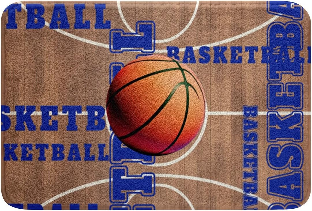 Feelyou Basketball Polyester Bath Rug Vintage Basketball Court Soft Fleece Door Carpet for Kids Boys Girls Orange Basketball Non Slip Bath Mat Ball Game Bathroom Floor Indoor Doormat,16x24 Inch