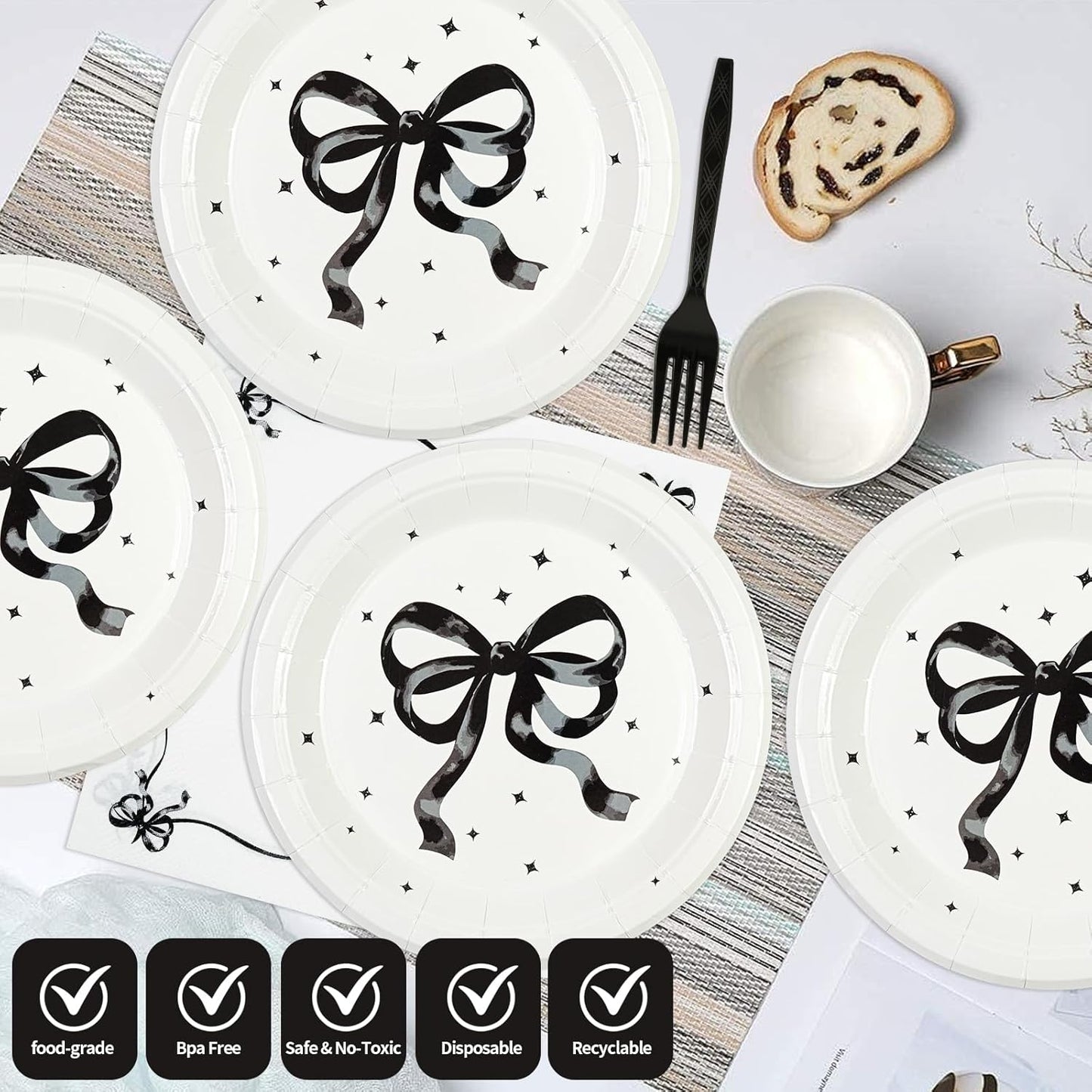 75PCS Black Bow Birthday Paper Plates and Napkins - Conquette Themed Tableware Set Include 7inch Paper Plates Napkins Forks Disposable Decoration Supplies for Birthday Party, Serve 25