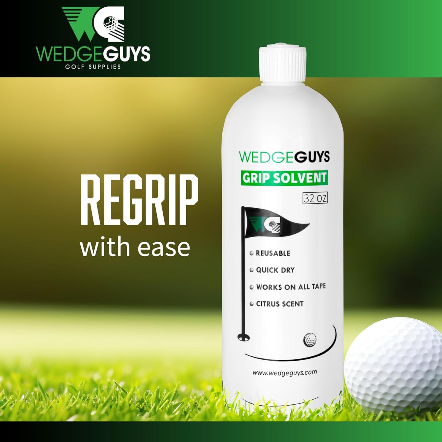 Wedge Guys Golf Grip Tape Roll + 32 Ounce Grip Solvent | Solvent Activated 2" x 18 Yard Double Sided Adhesive Grip Tape Roll for Regripping Golf Clubs