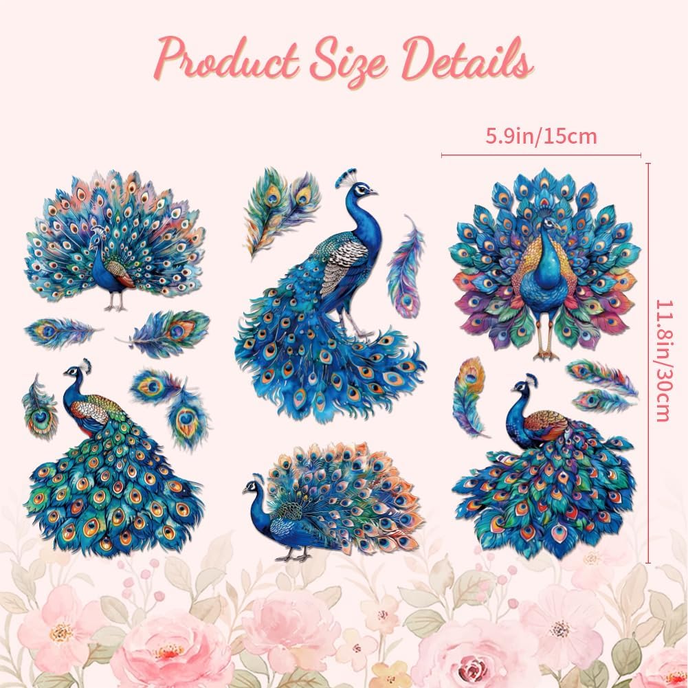 Peacoblue Rub on Transfer Decals for Furniture Crafts 6"x12", 3Pcs Peacock Waterproof UV DTF Transfer Decals Sticker for Dresser Lingerie Chests Drawer Glass Porcelain Wood