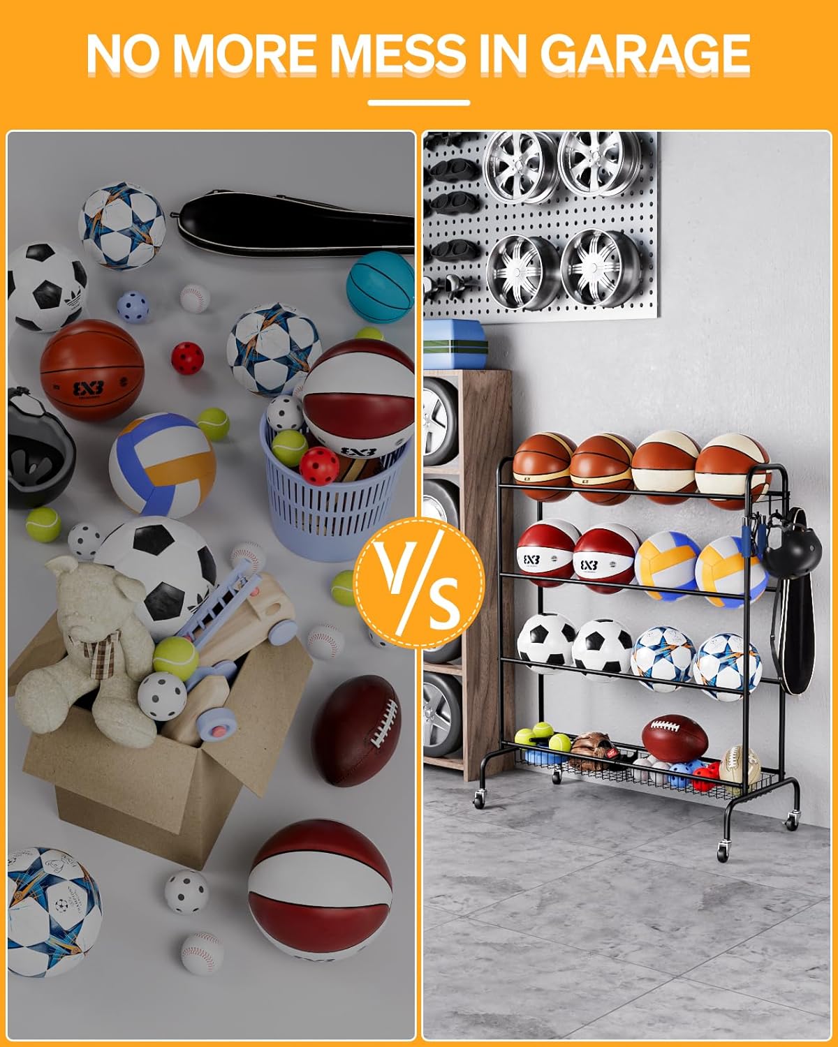 Basketball Rack, Rolling Basketball Shooting Training Stand,Sports Equipment Storage with Wheels, Four-Layer Organizer Holder with Two Basket for Basketballs Footballs Volleyball