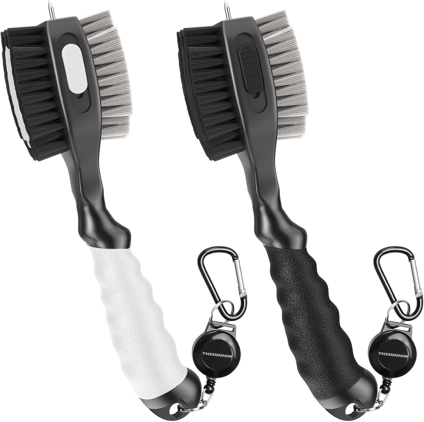 THIODOON 2 Pack Golf Club Brushes and Groove Cleaner 2 ft Retractable Zipline Carabiner Golf Brush Head with Retractable Spike Comfortable Grip Golf Club Cleaner