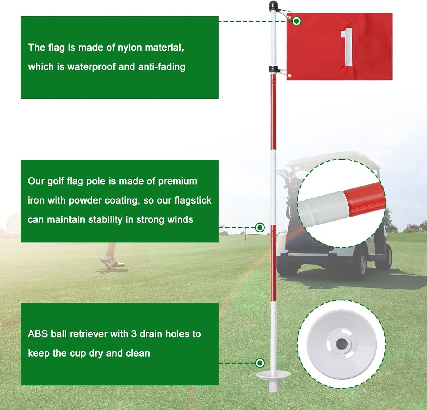 Golf Flagstick, 6 Ft Golf Hole Flags for Putting Green, Double Sided Golf Pin Flag for Yard with 5-Section Pole and Ball Retriever, 1 Pack (Number 1)