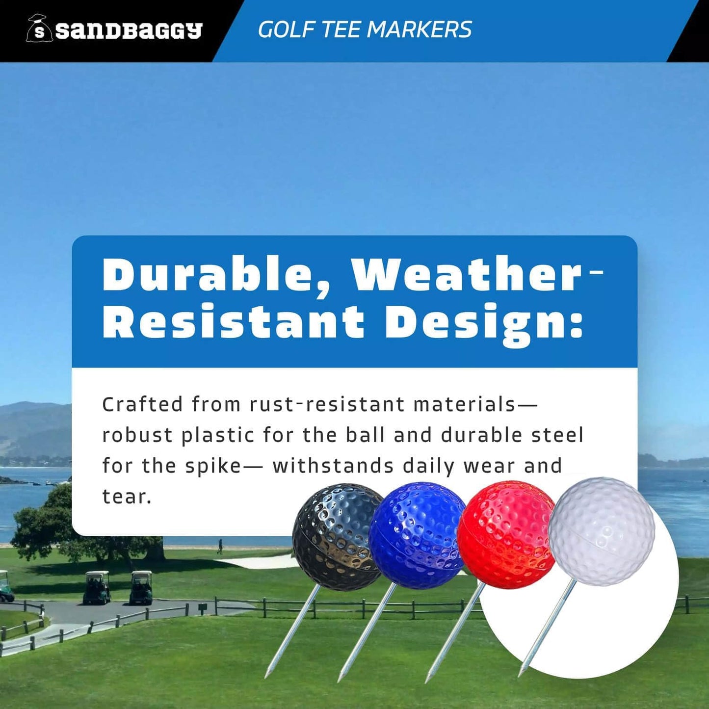 Sandbaggy Plastic Tee Markers for Golf Course (UV Resistant) - Steel Spike - Safety Caps Included