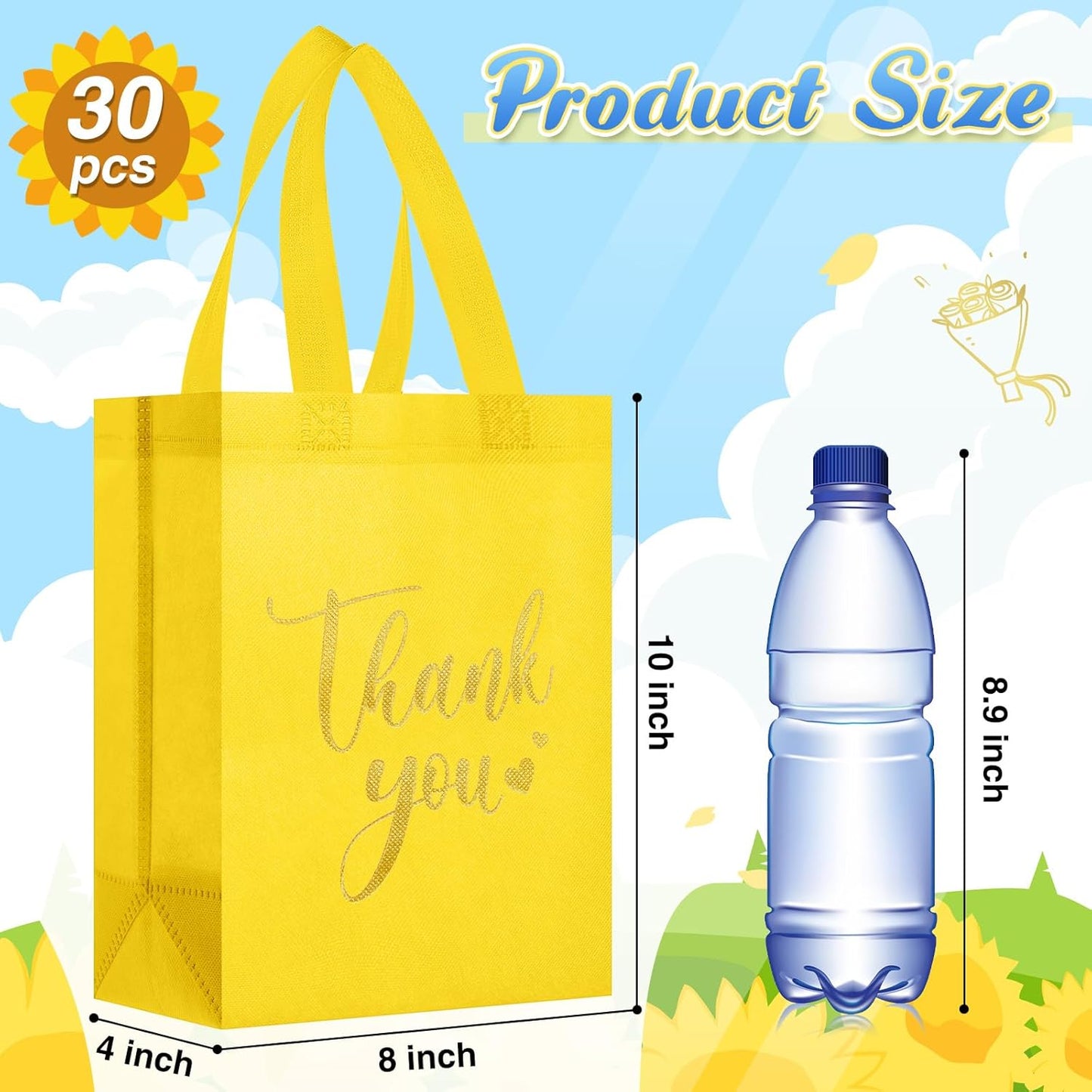 Sweetude 30 Pcs Thank You Gift Bags with Handles Bulk Reusable Goodie Bag Non Woven Foldable Handbag for Graduation Wedding Bridesmaid Gifts(10 x 8 x 4 Inch,Yellow)