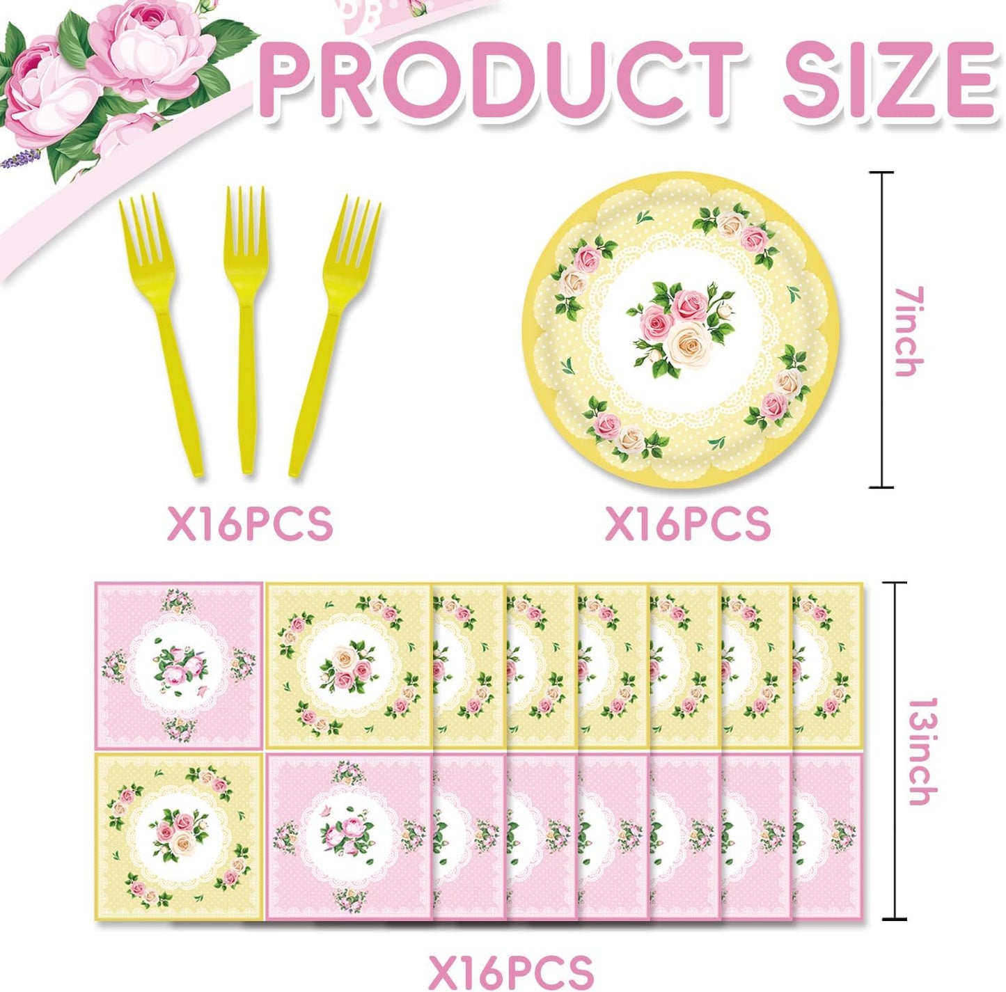 48Pcs Tea Party Decorations Floral Birthday Paper Plates and Napkins Forks Sets Supplies Serves 16 Pastel Tea Party Set Floral Paper Plates for Wedding Bridal Baby Shower Decorations