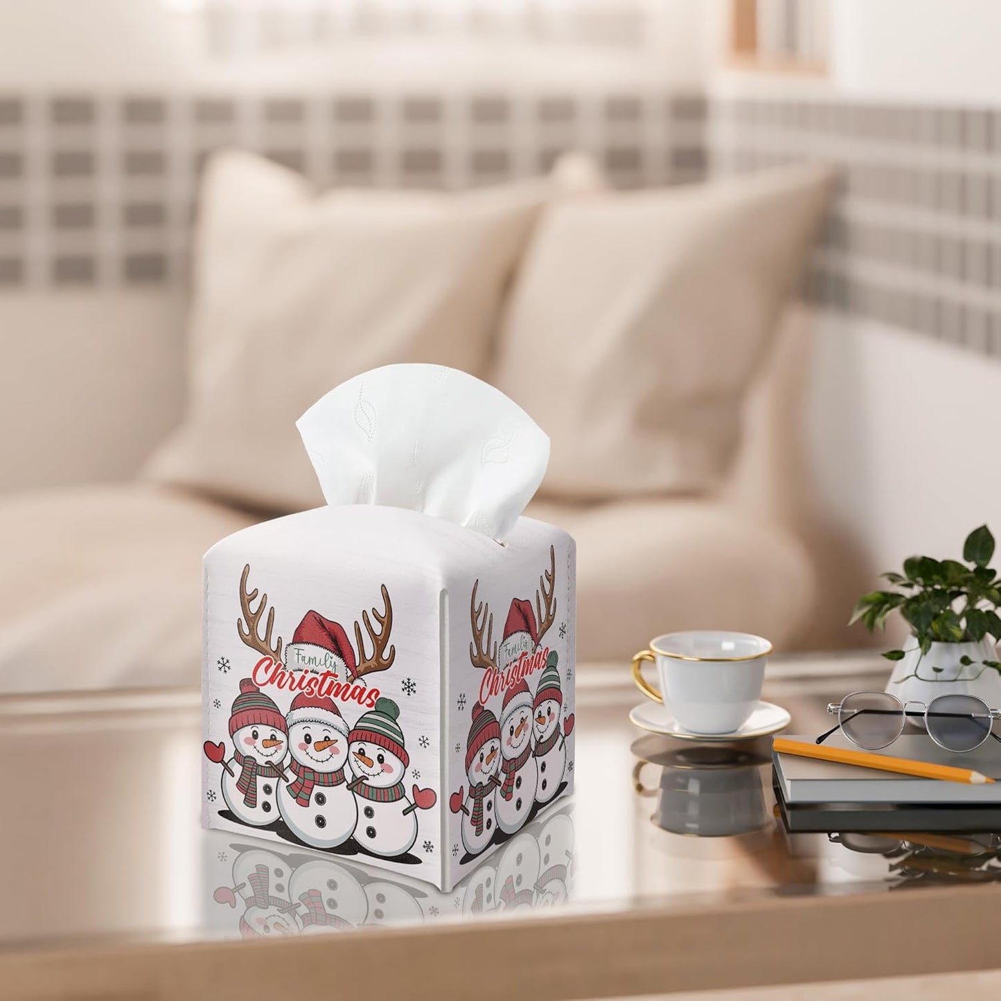 Christmas Snowman Tissue Box Holder, First Christmas as A Family of Three Leather Tissue Box Cover Square, Paper Facial Decorative Tissues Cover for Night Stands Bathroom Office Home Decor-B02