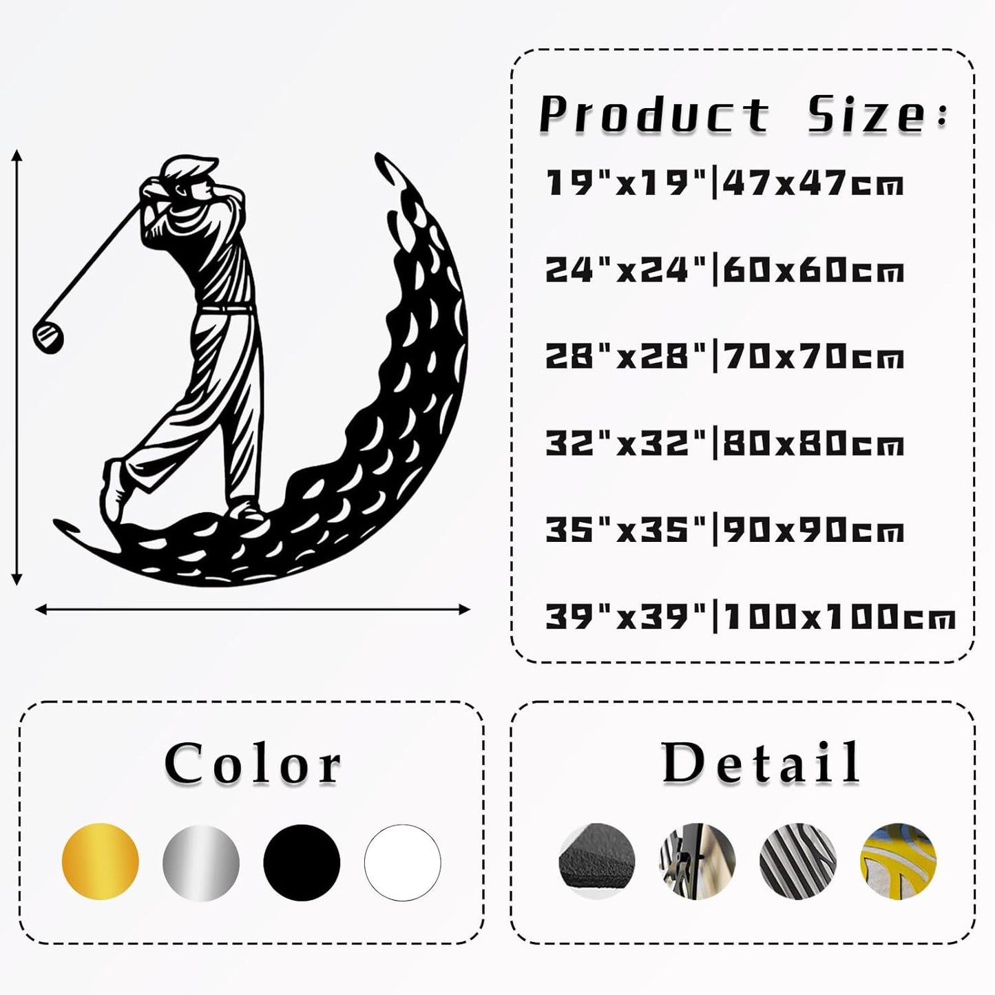 Golf Metal Wall Art, Golfer Metal Wall Decor, Golf Ball Wall Decor, Sports Wall Art, Sports Theme Wall Decor, Gift for Golf Player, Gift For Father, Home Office Wall Art, Man Cave (Silver, 35"x35"|90x90cm)