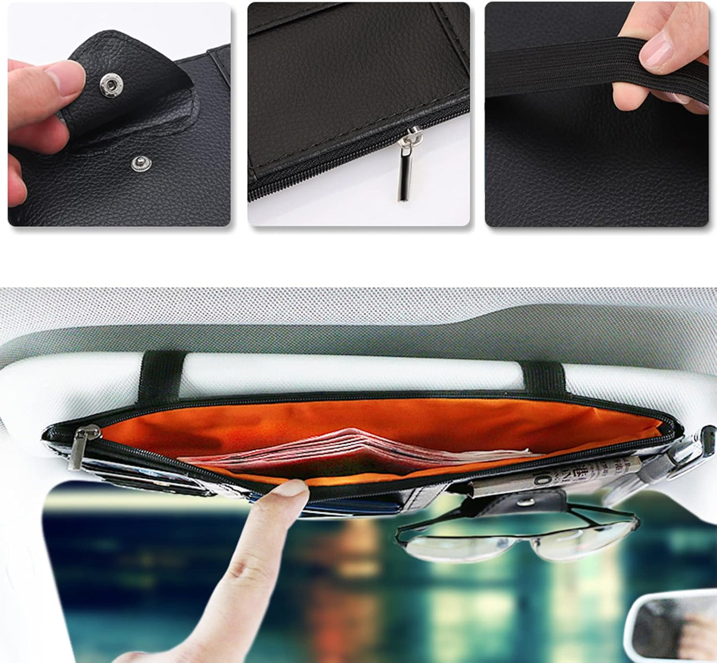 2 Packs Car Sun Visor Pocket Organizer, Black, Auto Visor Storage Pouch with Big Zipper Pocket, Card Sleeve, Driving License, Insurance, Sunglasses, Pen, Key, Phone, Lipstick