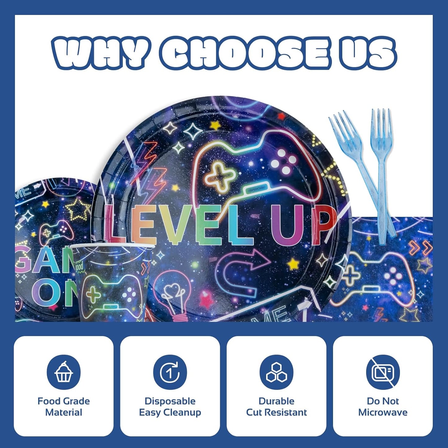 Video Game Birthday Party Decorations | Serve 24 - Game Party Tableware Includes Plates, Napkins, Cups, Forks, Supplies for Boys Gaming