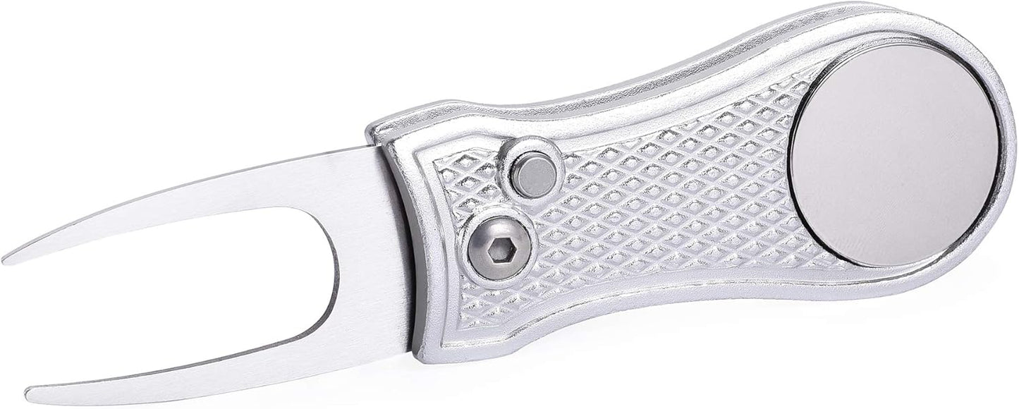 Mile High Life Golf Divot Repair Tool, All Metal Foldable Divot Tool with Pop-up Button & Magnetic Ball Marker