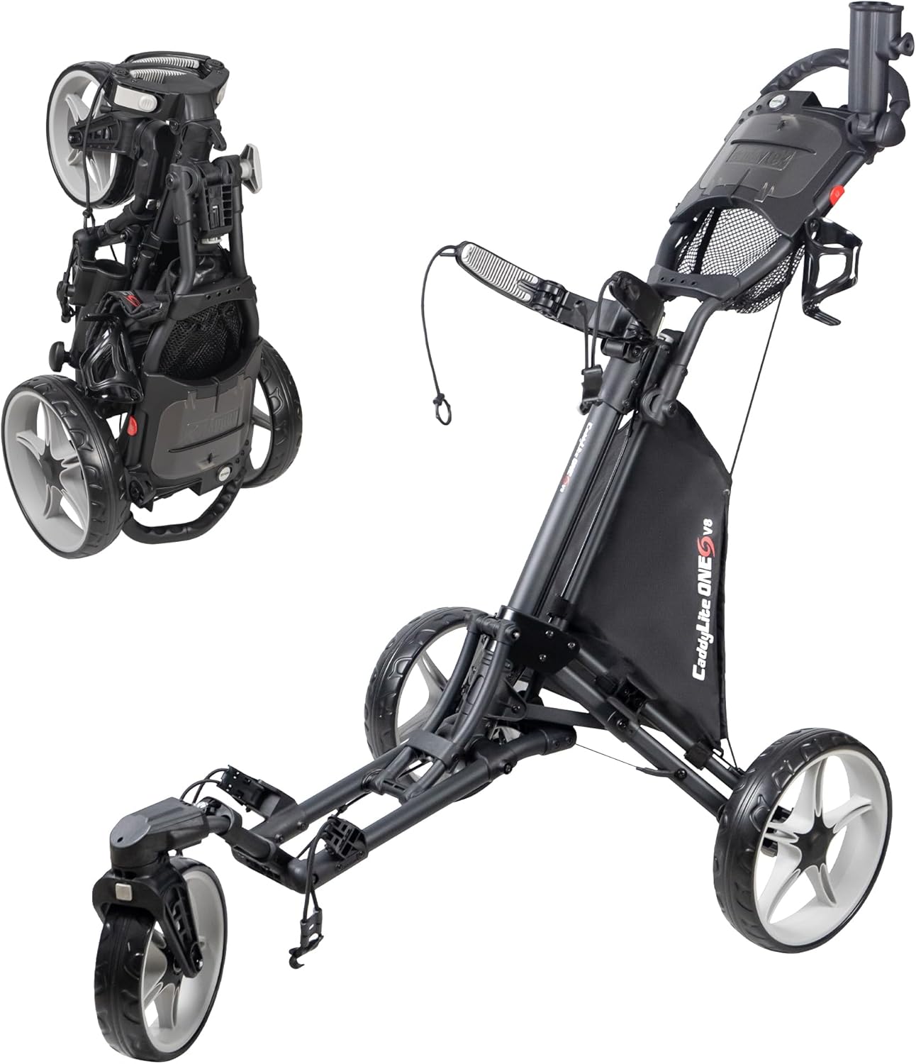 Caddytek CaddyLite ONE-Swivel V8 Golf Push Cart - Lightweight 3 Wheel Foldable Cart with One-Click Folding, 360° Swivel Front Wheel, Adjustable Handle, Cooler Basket, Umbrella & Drink Holder