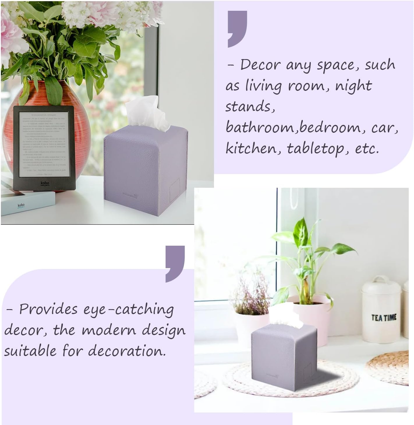 Tissue Box Cover 5X5X5'' PU Leather Tissue Holder Square Tissue Cube Box Organizer for Bathroom Vanity Countertop, Car, Night Stands, Office, Home, Kitchen (2Pack, Light Bray Purple)