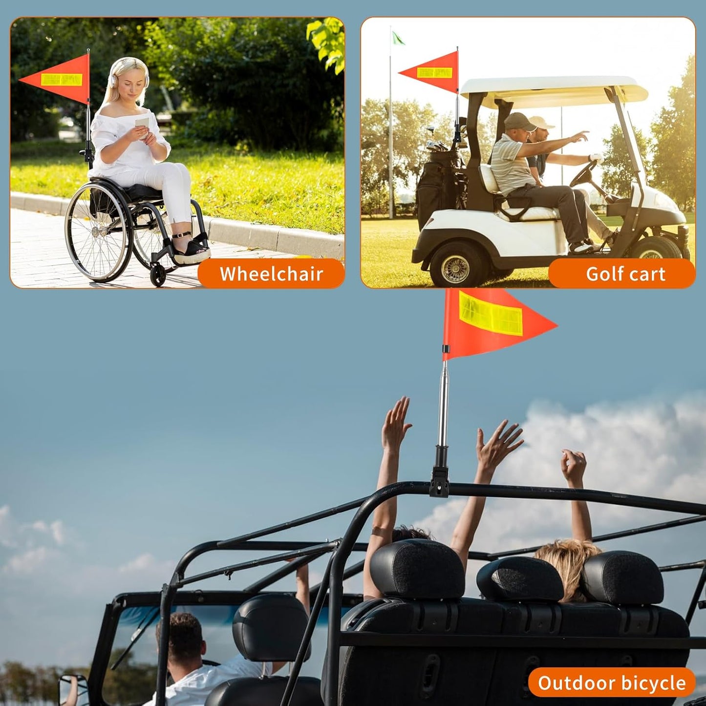 Golf Cart Flag 22x30cm Orange Safety Flag with Reflective Strips and PVC Flagpole