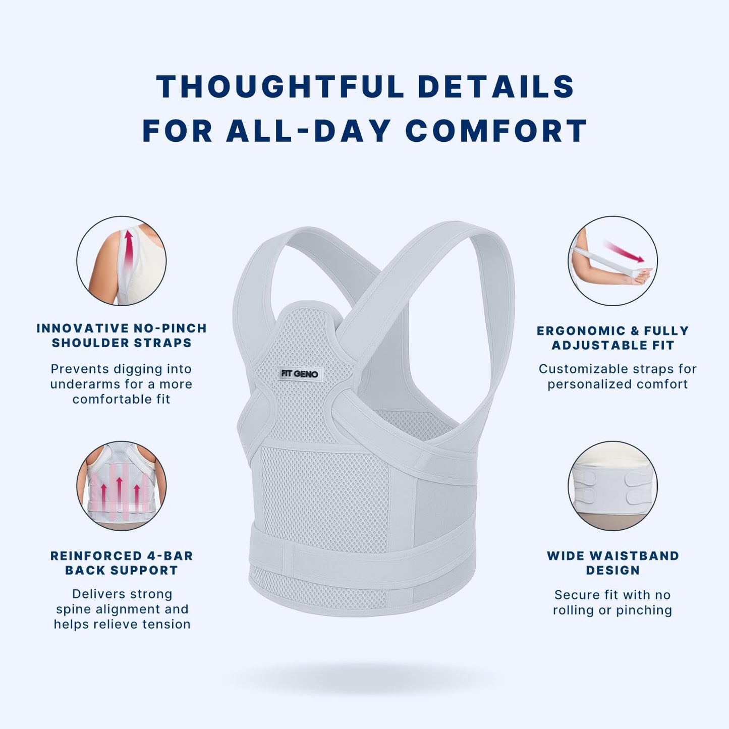Fit Geno Back Brace Posture Corrector for Men & Women: Shoulder Straightener Adjustable Full Back Support Pain Relief - Scoliosis Hunchback Spine Corrector (Large)