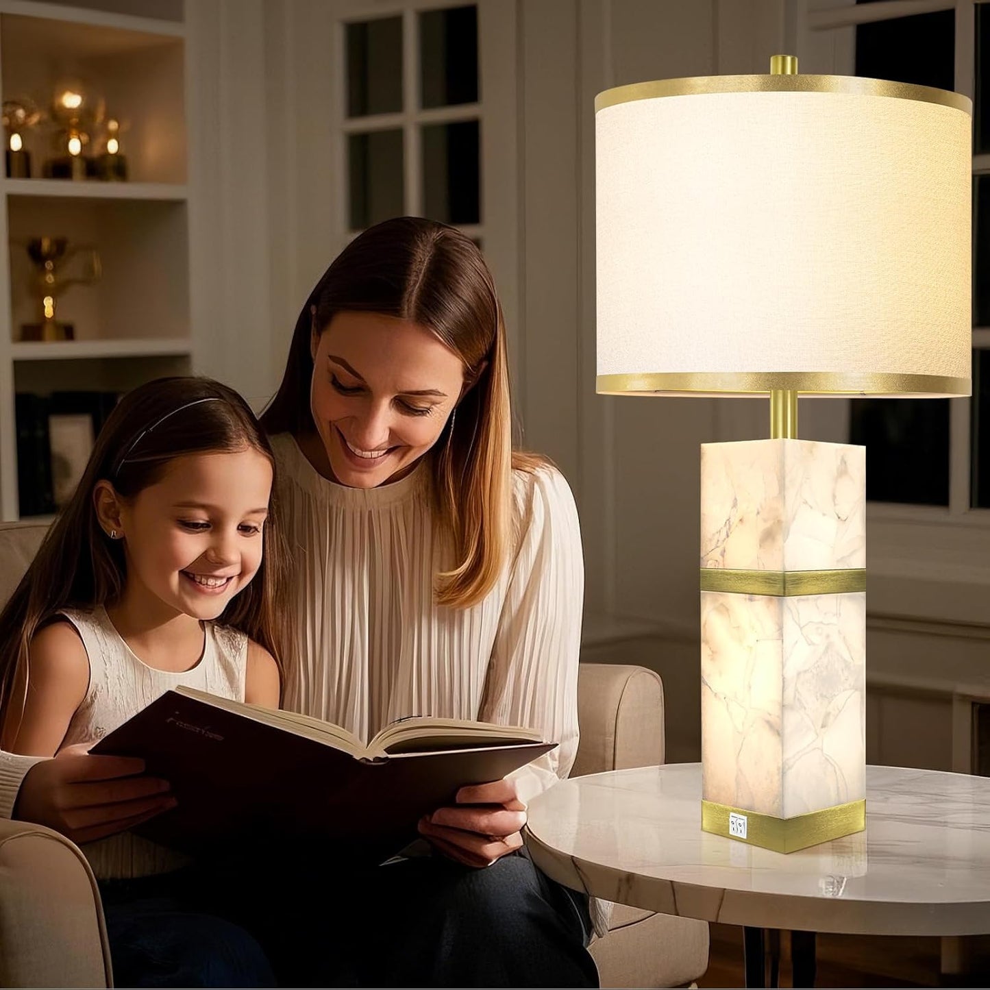 Natural Alabaster Table Lamps Set of 2 - Table Lamp with Night Light for Bedroom,Nightstand Lamps with USB Ports,Bedside Lamps with Linen Fabric Shade for Living Room,Bedroom,Office,Bar(Bulb Included)