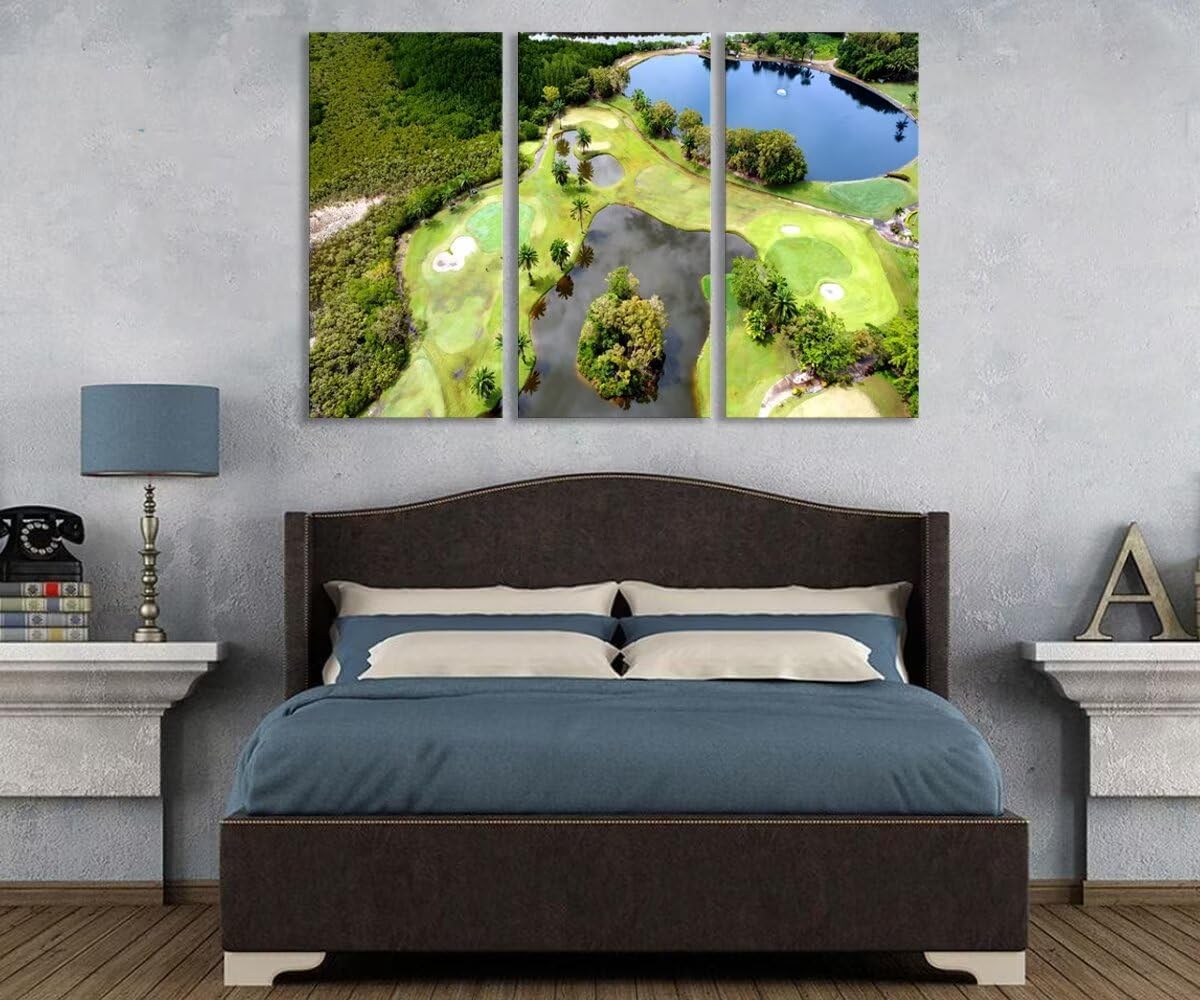 chenchenArt Golf Course Wall Art for Living Room Bedroom Bathroom Home Decorations Lake and Golf Course Pictures Posters Canvas Prints Modern Artwork for Office Framed Ready to Hang(12''W x 24''H x3)
