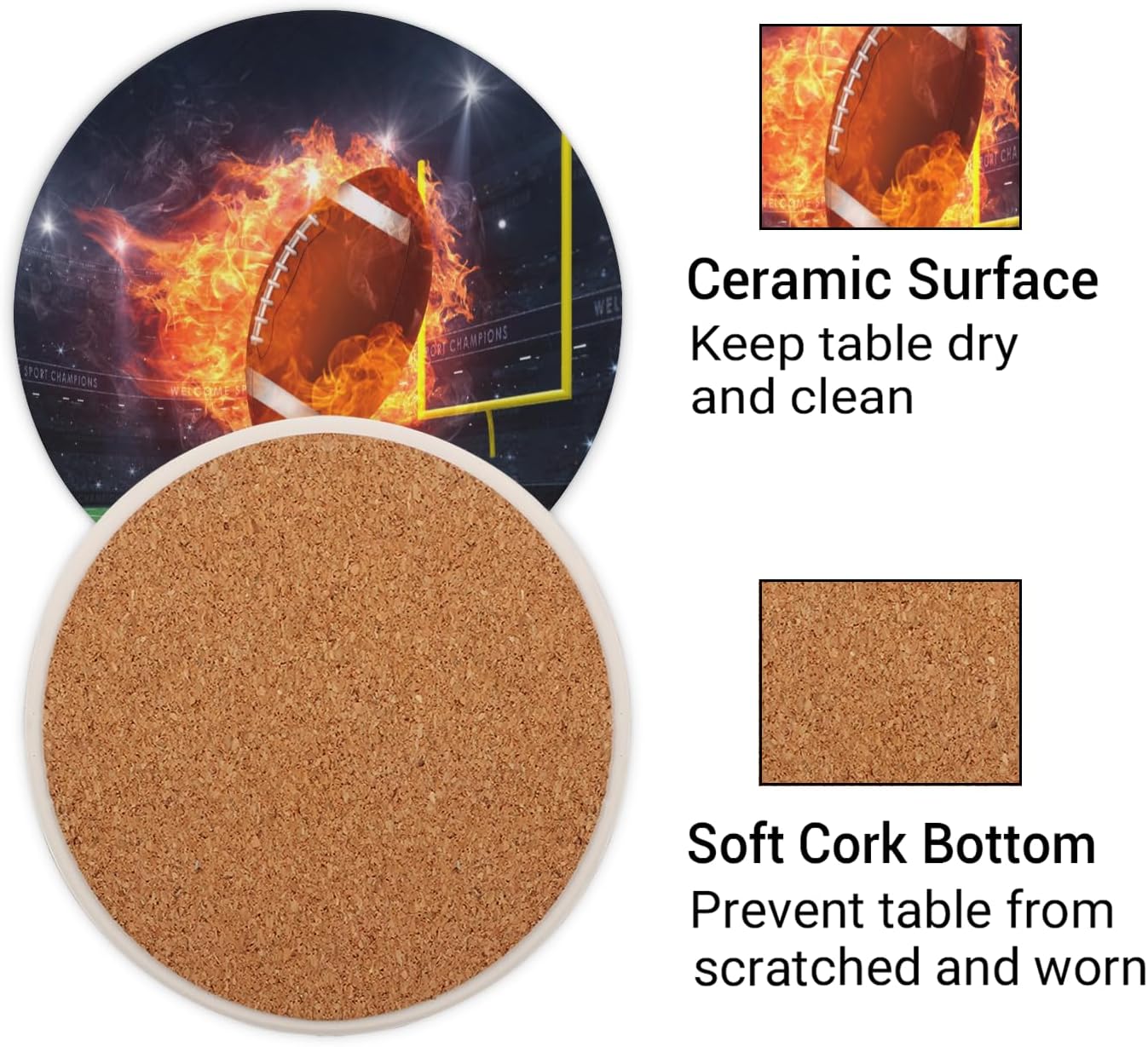 Ceramic Coasters for Drinks with Cork Back, Clean Soccer Display (2) 4 Inch Absorbent Coaster Set 1 Pack, Quick Dry Non-Slip Coaster Mats for Home, Office, Bar