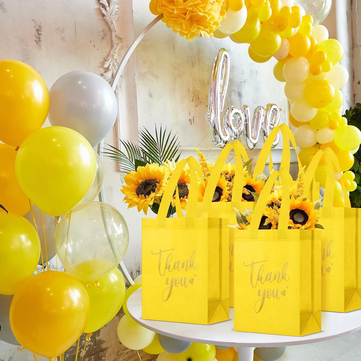 Sweetude 30 Pcs Thank You Gift Bags with Handles Bulk Reusable Goodie Bag Non Woven Foldable Handbag for Graduation Wedding Bridesmaid Gifts(10 x 8 x 4 Inch,Yellow)