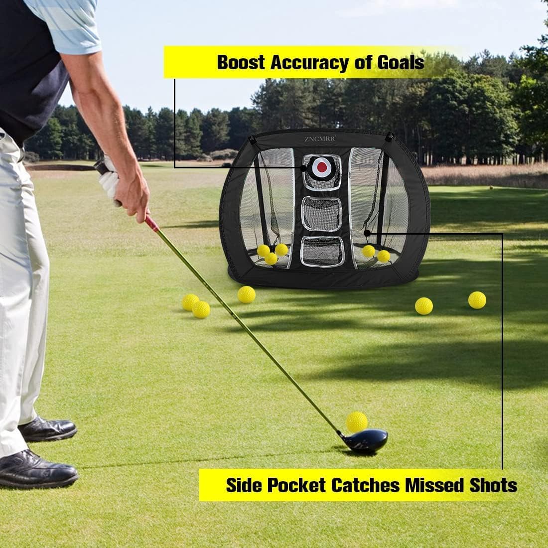 Pop Up Golf Chipping Net, Indoor/Outdoor Golfing Target Net Collapsible Portable Golf Hitting Net with 15 Training Balls and 2 Hitting Mats for Backyard Driving and Swing