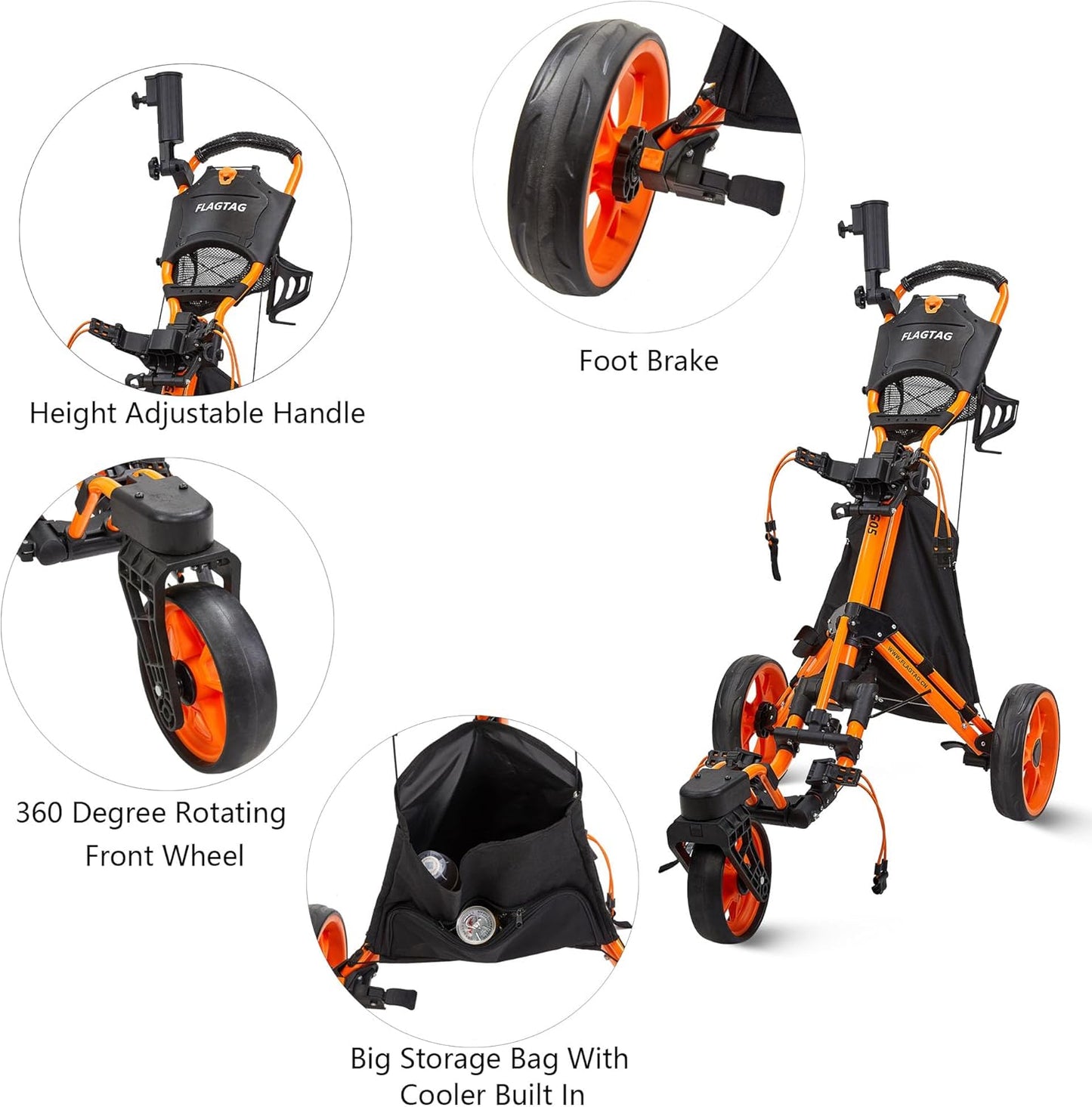 Golf Push Cart 3 Wheel with 360 Swivel Front Wheel,Lightweight and Foldable Walking Golf Cart，One-Click Foldable,with Foot Brake