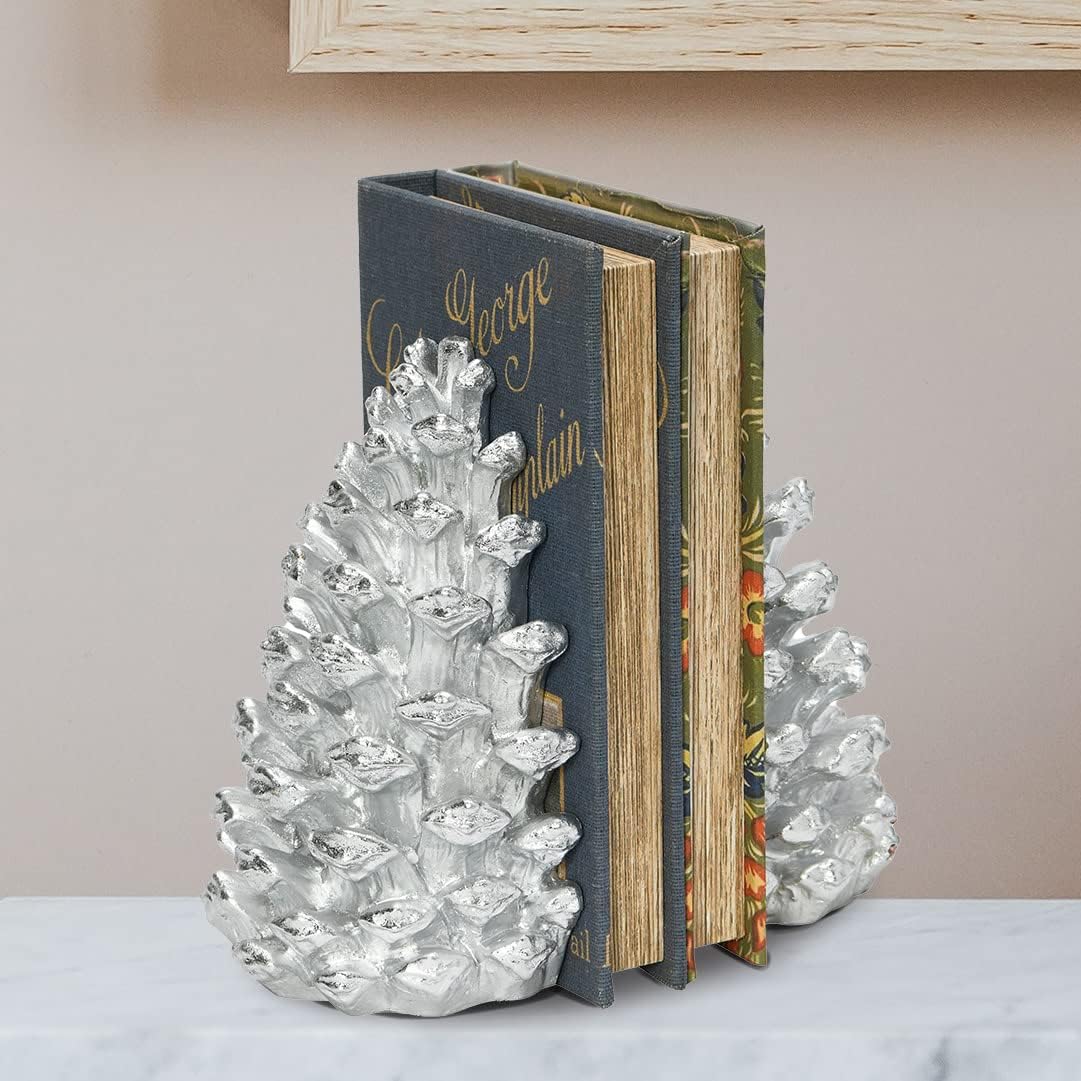 Creative Co-Op Decorative Resin Pinecone Bookends, Silver Finish, Set of 2