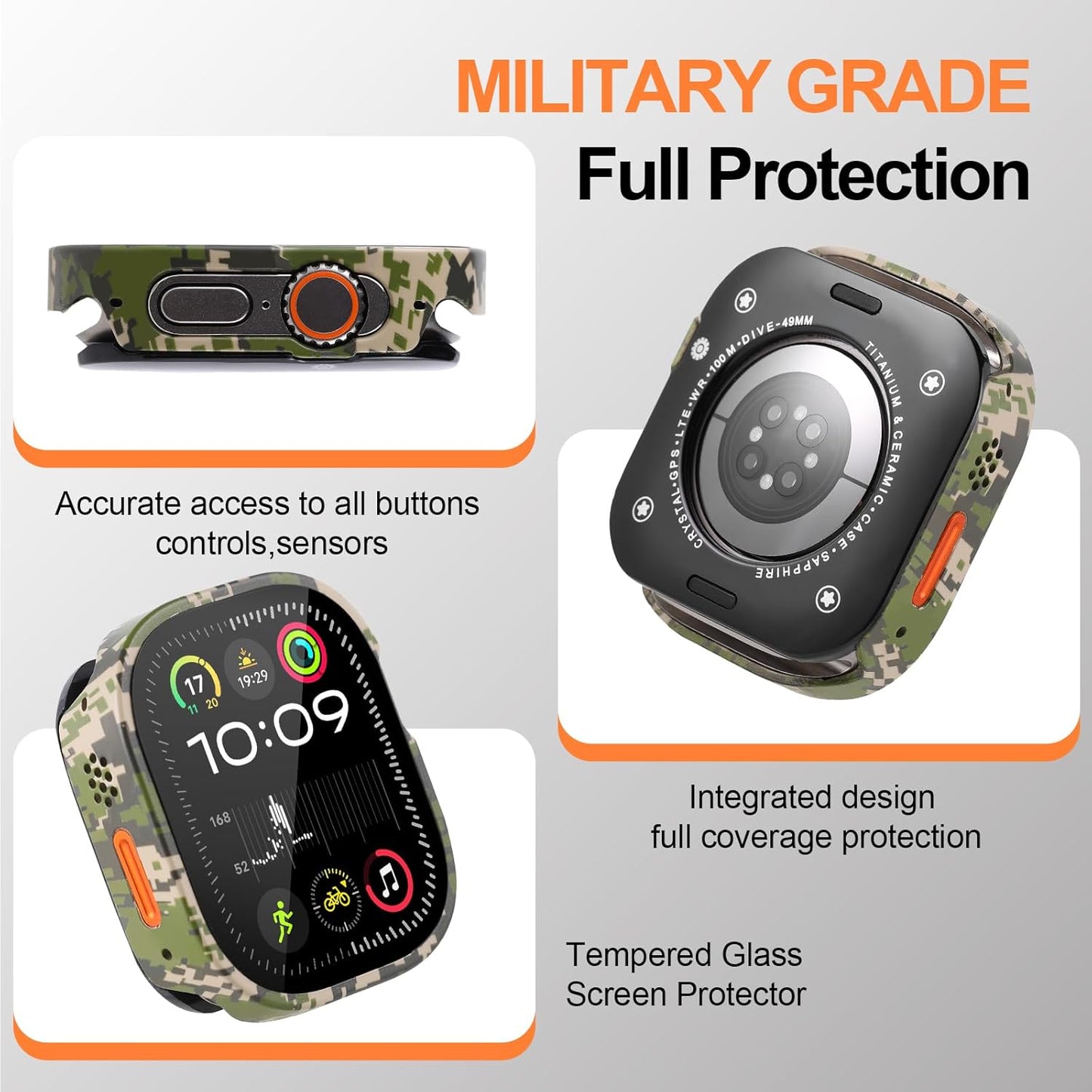 for 49mm Apple Watch Ultra 3/2/1 Bumper Case with Screen Protector Tempered Glass, and Ceramic Like Back Cover for iWatch, Straight Edge Ultra Thin Lightweight Protective Cover