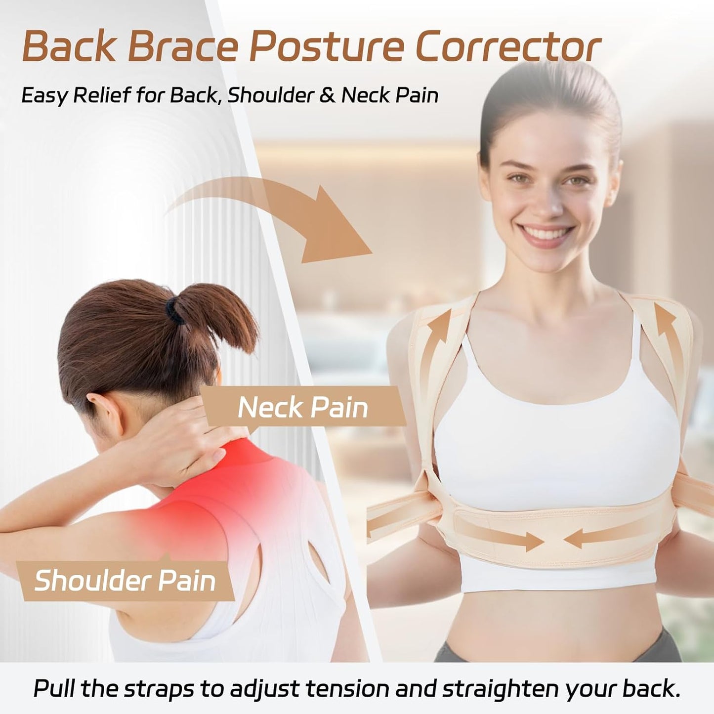 Posture Corrector for Women and Men, Adjustable Back Brace Posture Corrector with Shoulder Brace & Back Straightener, Upper Back Support for Clavicle, Neck, Shoulder Pain Relief (Beige, Large)