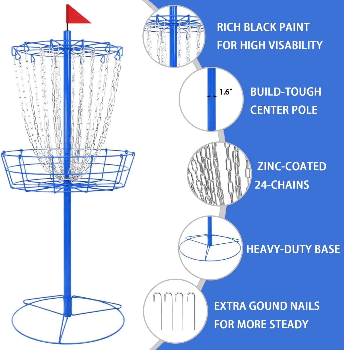 Disc Golf Basket - Portable Disc Golf Target with Heavy Duty 24-Chains Come with 6pcs Disc Golf Discs and Carry Bag, Ground Stake -Suitable for Players of All Levels - Multi Color Available