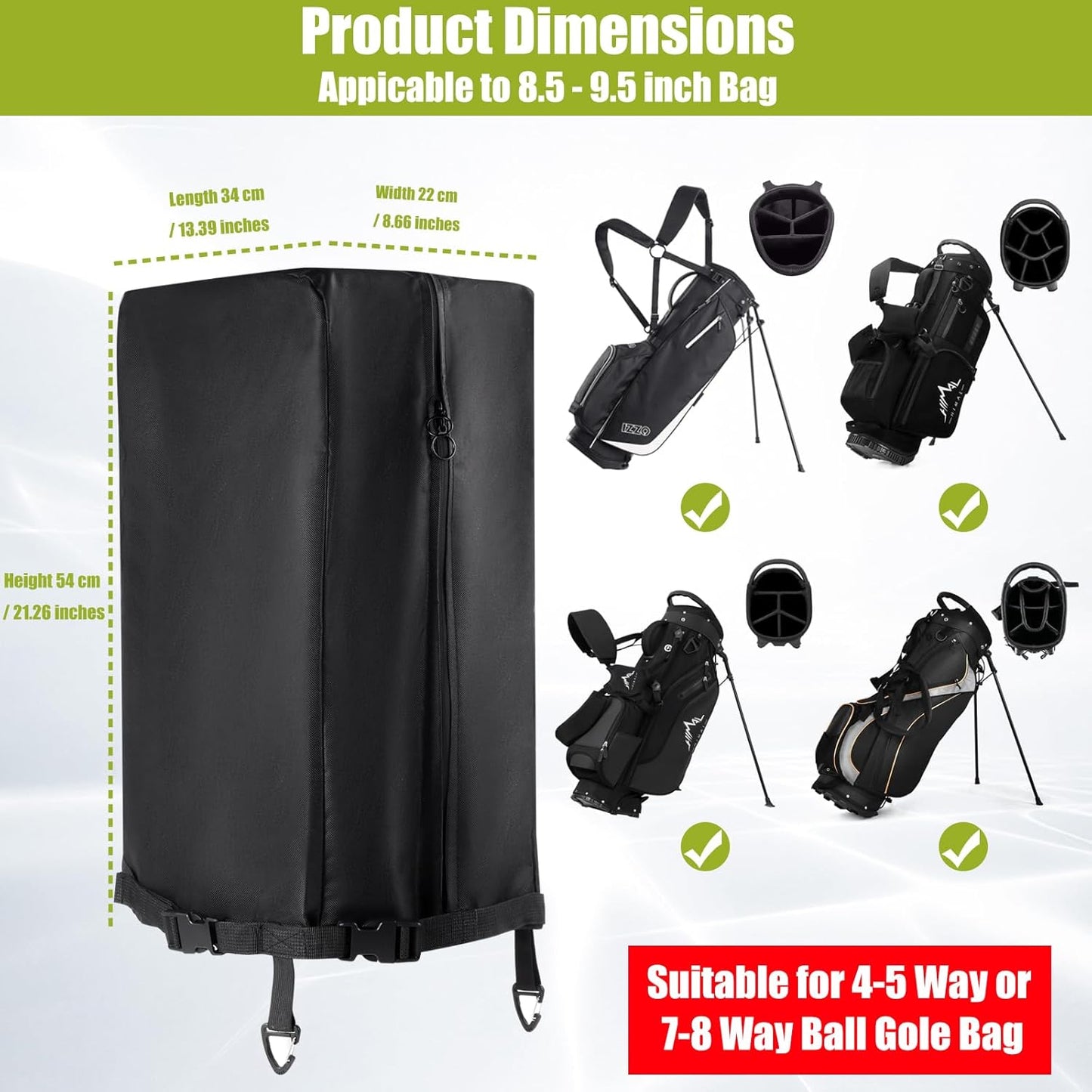 600D Golf Bag Rain Hood Cover with Waterproof Dual Zippers, Golf Bag Top Dust Covers with 2 Elastic Straps and 2 Fixed Straps, fit Most Tour Bags Golf Bags Stand Bags or Carry Cart (13 x 8 x 21 inch)