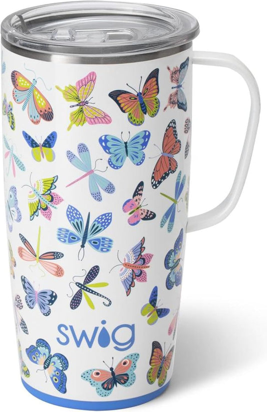 Swig Life 22oz Travel Mug, Insulated Tumbler with Handle and Lid, Cup Holder Friendly, Dishwasher Safe, Stainless Steel, Travel Coffee Cup, Insulated Mug with Lid (Butterfly Bliss)