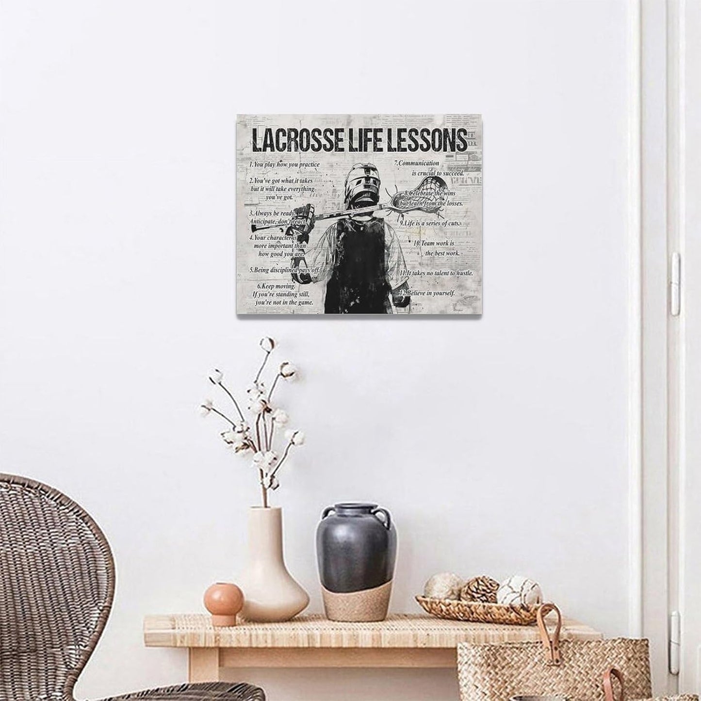 Lacrosse Sports Wall Art Lacrosse Life Lessons Wall Decor Lacrosse Sign Retro Poster Boy Men Room Motivational Decorations Canvas Print Painting Artwork For Bedroom Bathroom Living Room 20"x16"