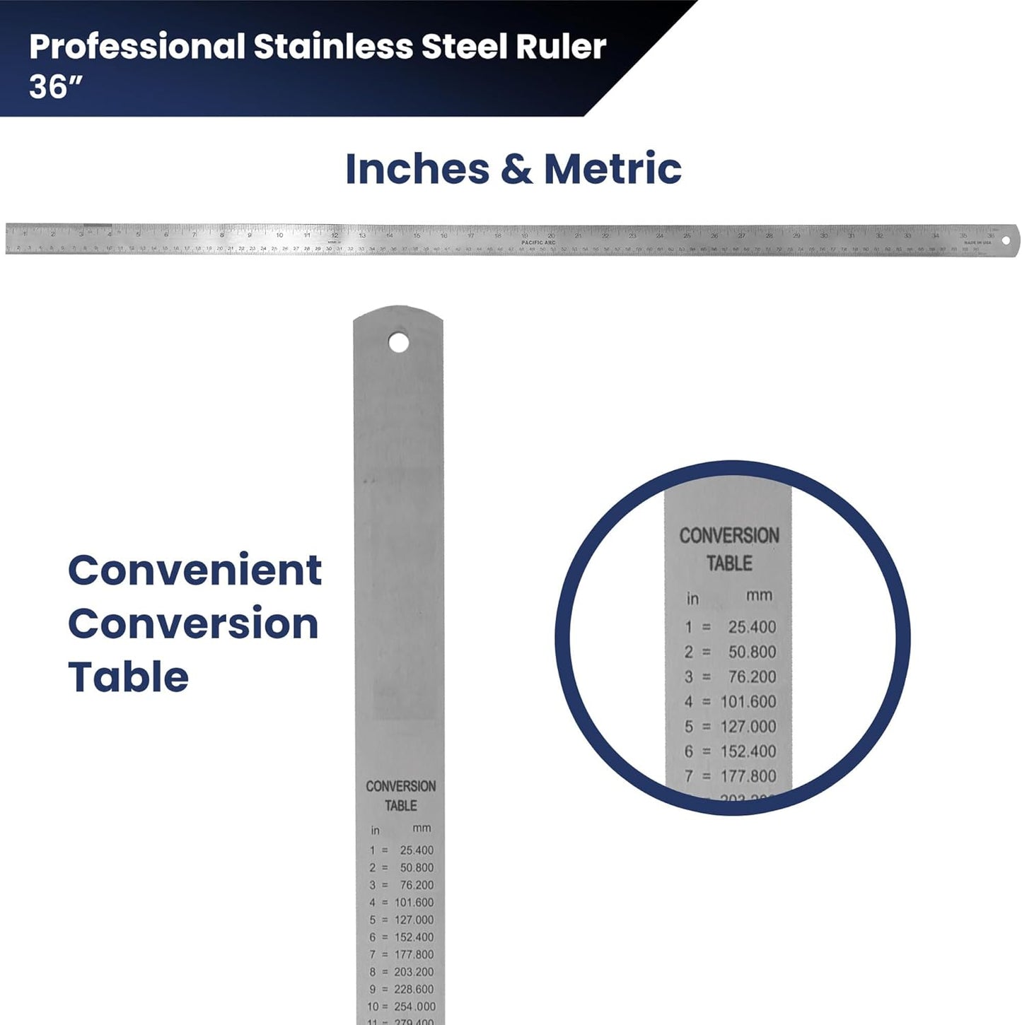 Pacific Arc 36 Inch Stainless Steel Ruler with Inch/Metric Conversion Table
