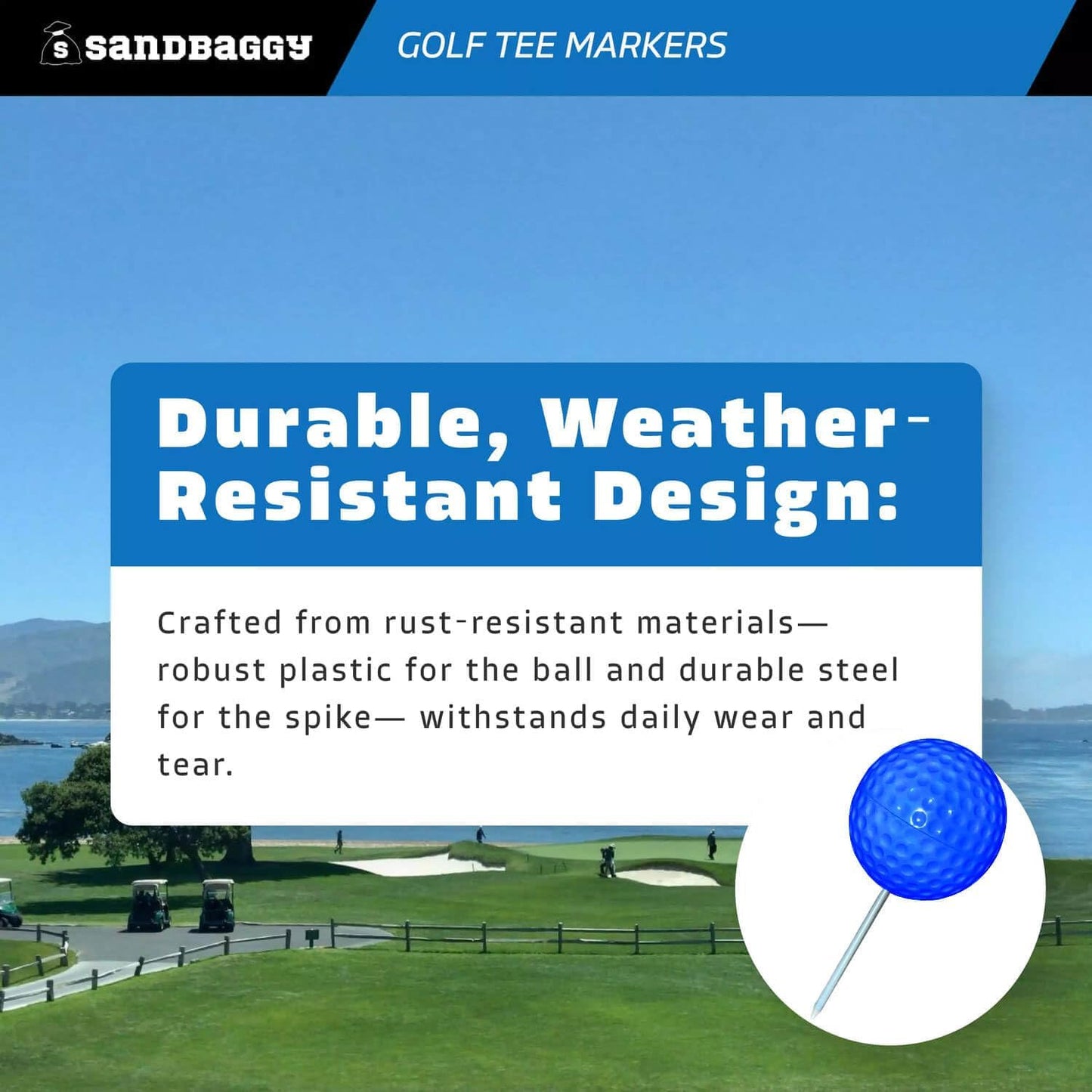 Sandbaggy Plastic Tee Markers for Golf Course (UV Resistant) - Steel Spike - Safety Caps Included